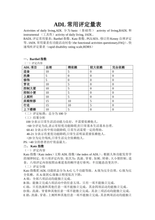 ADL常用评定量表