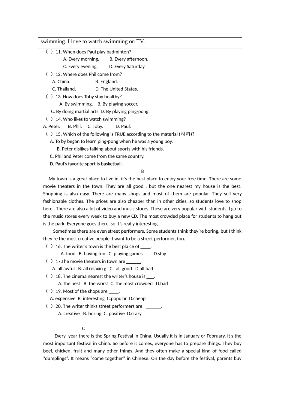 八年级英语完型与阅读专项训练_第2页