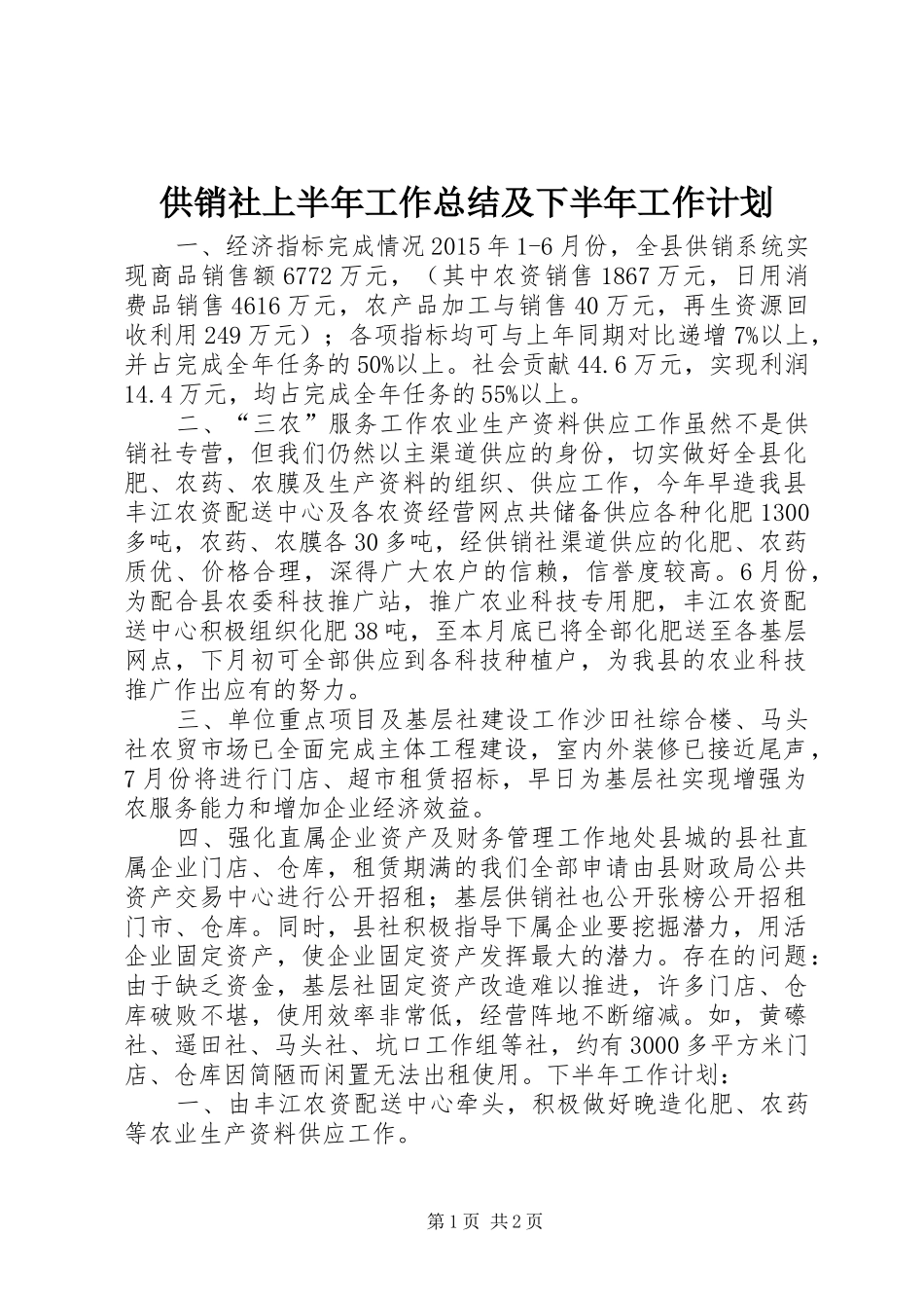 供销社上半年工作总结及下半年工作计划_1_第1页