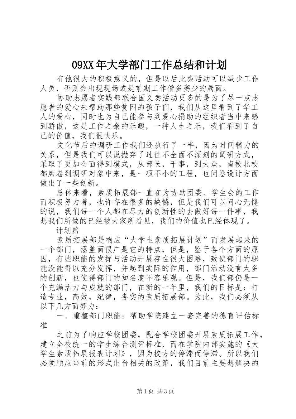 09XX年大学部门工作总结和计划_第1页