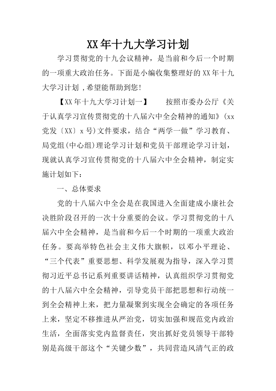 XX年十九大学习计划_第1页