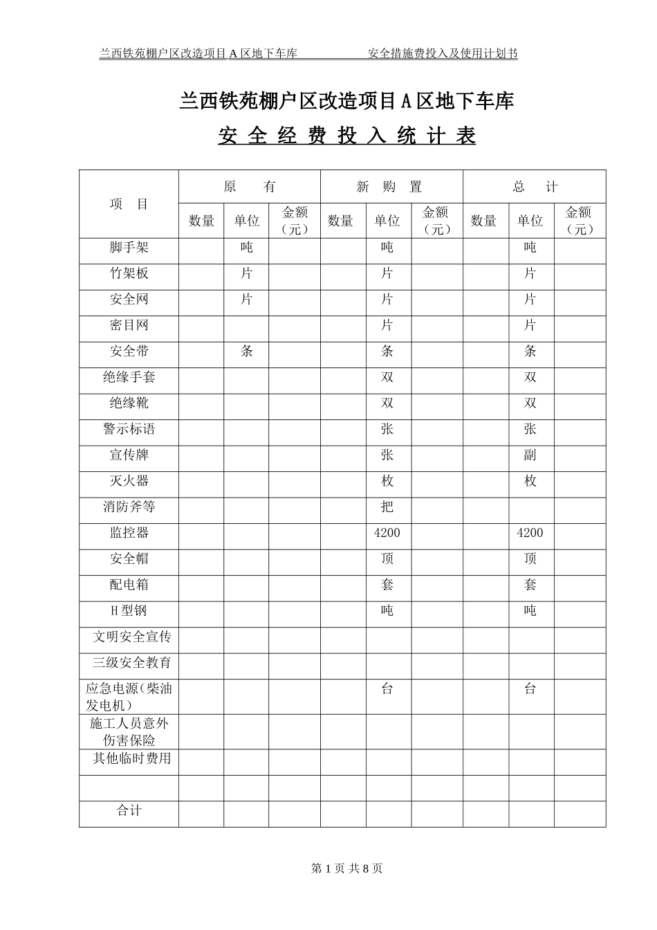 安全措施费用投入使用计划书及项目明细表_第1页