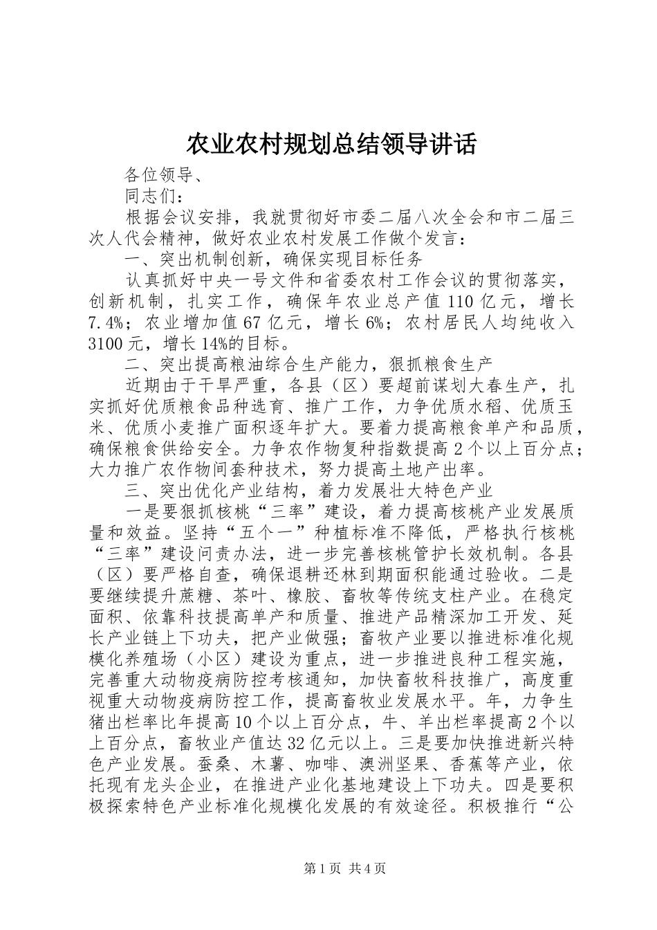 农业农村规划总结领导讲话_第1页
