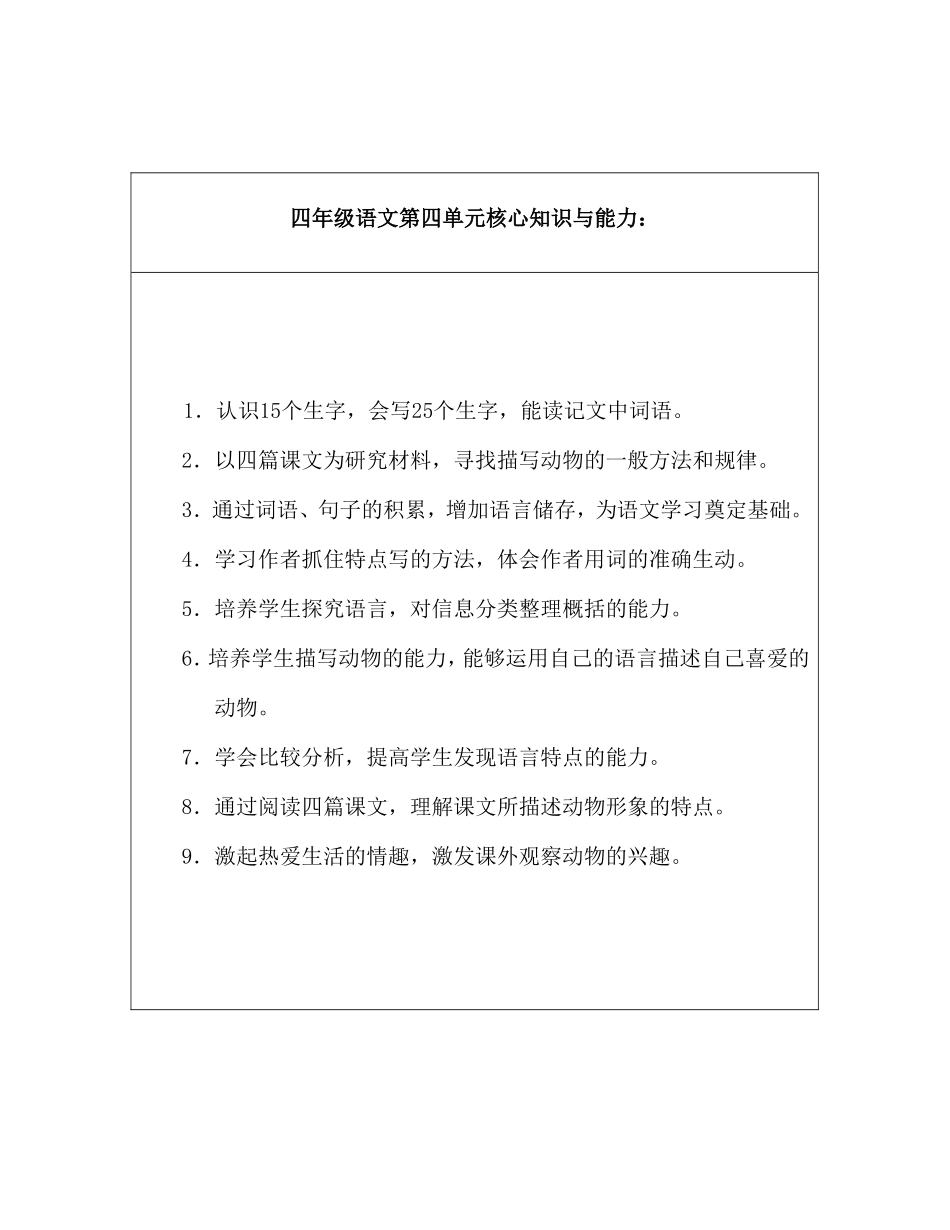 四年级语文第四单元核心知识与能力_第1页