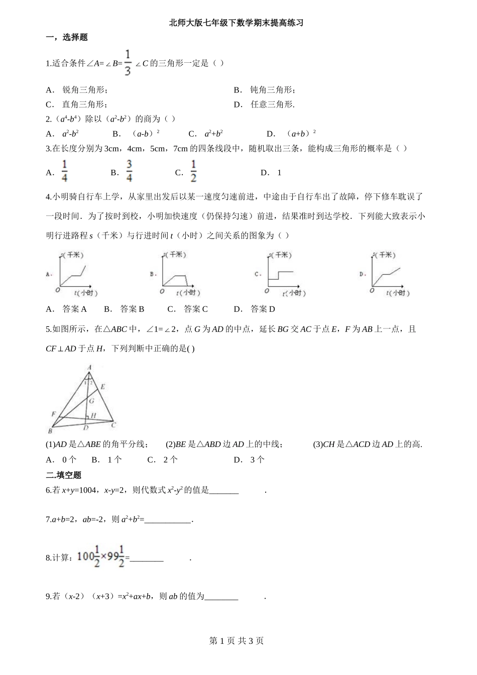 北师大版七年级下数学期末提高练习_第1页