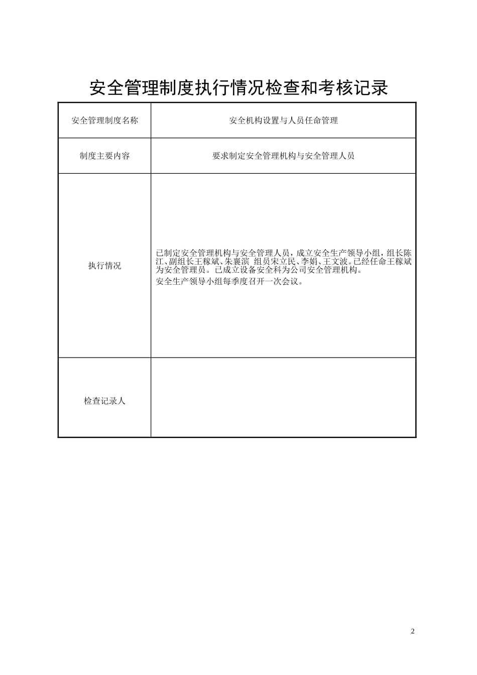 安全管理制度执行情况检查和考核记录_第2页