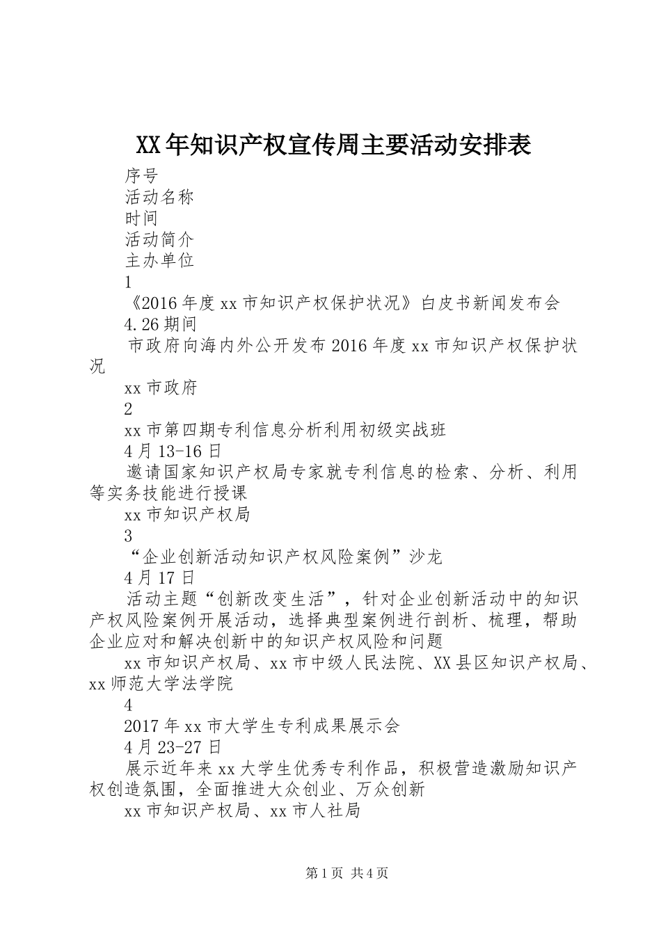XX年知识产权宣传周主要活动安排表_第1页