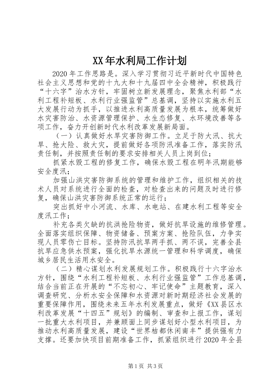 XX年水利局工作计划_第1页