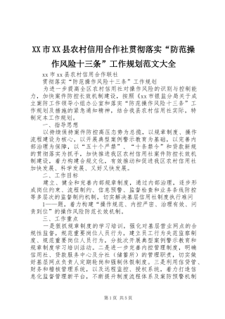 XX市XX县农村信用合作社贯彻落实“防范操作风险十三条”工作规划范文大全