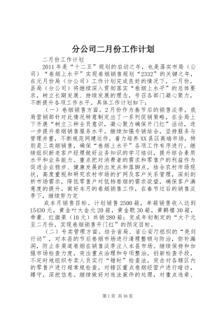 分公司二月份工作计划