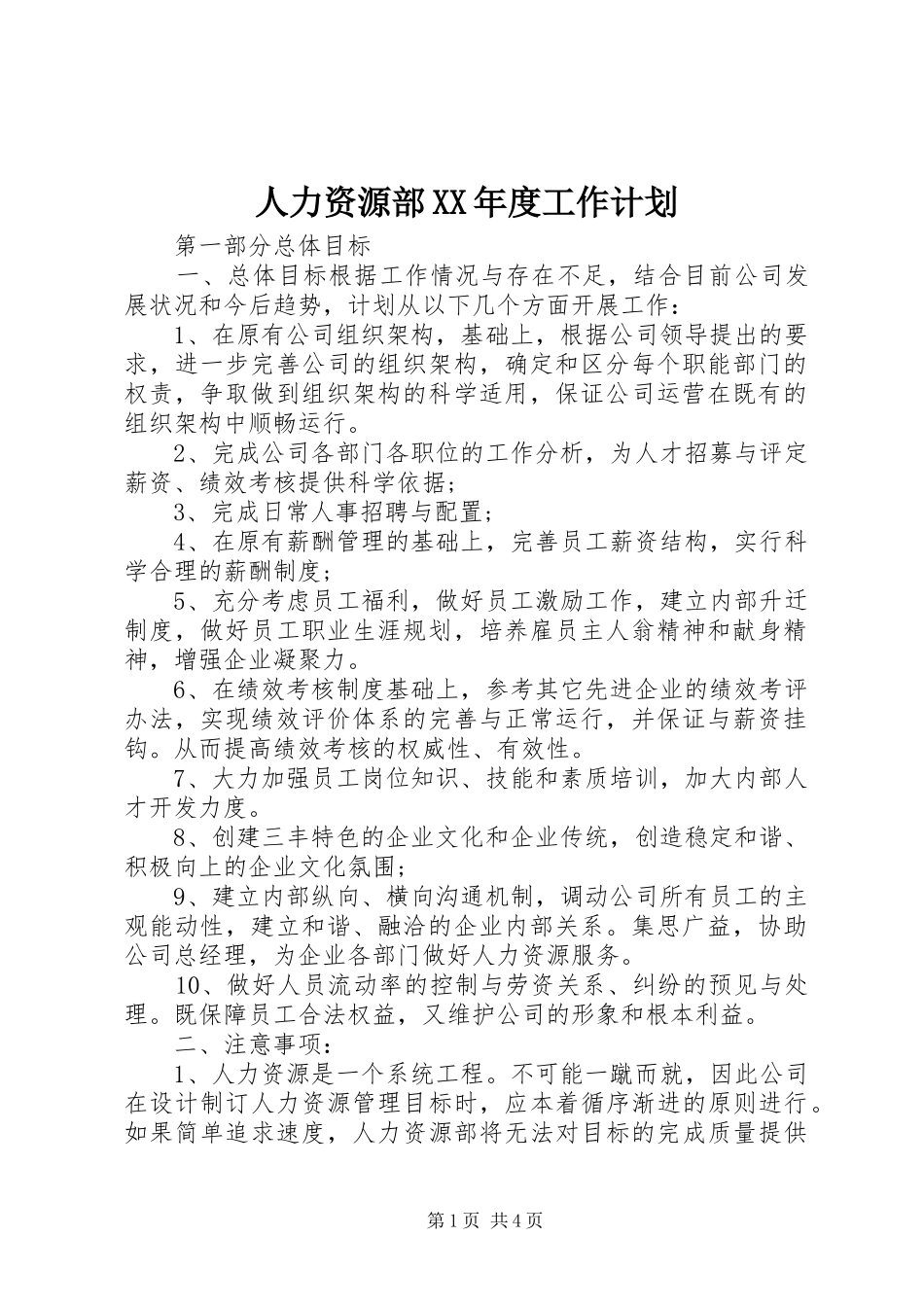 人力资源部XX年度工作计划_第1页
