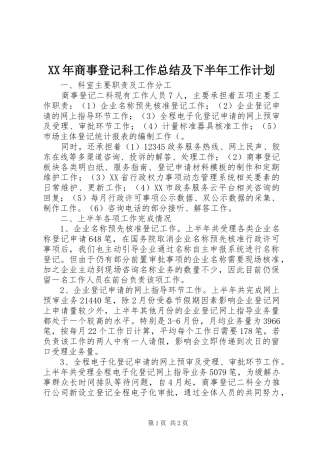 XX年商事登记科工作总结及下半年工作计划