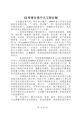 XX年审计员个人工作计划