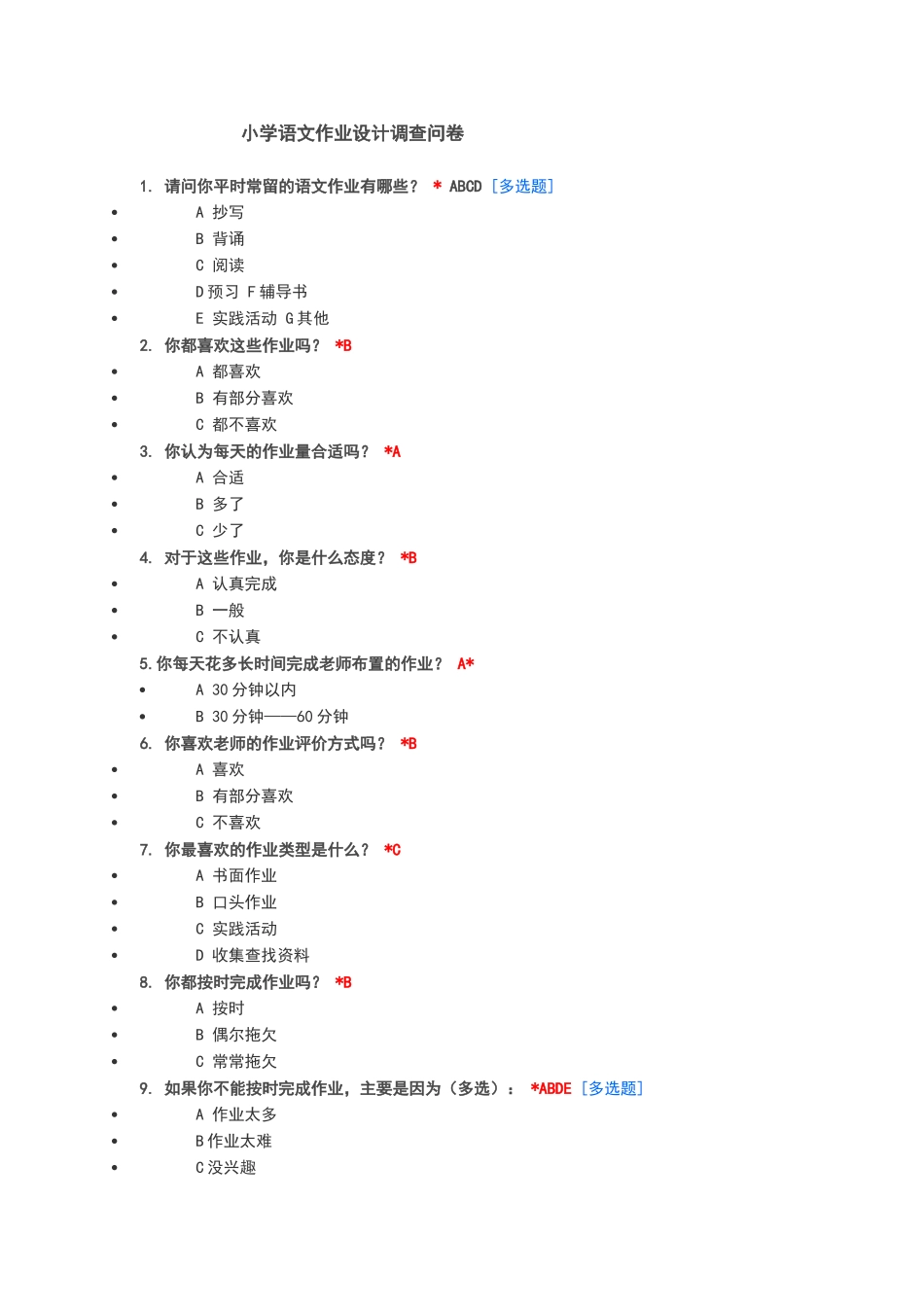 小学语文作业设计调查问卷_第1页