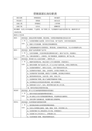 中小企业营销部部长岗位职责
