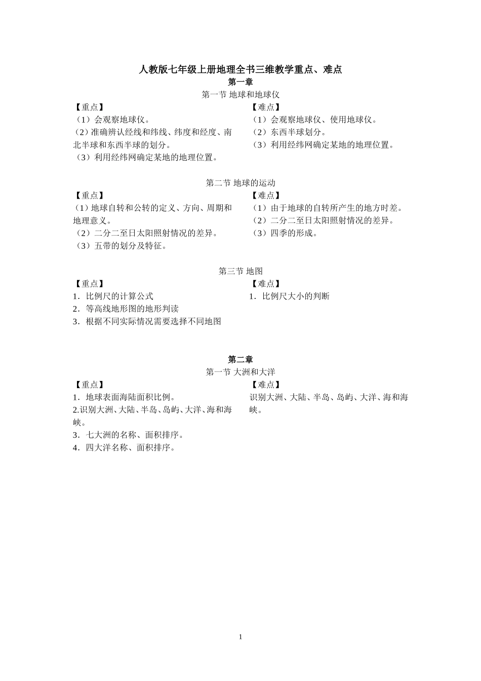 七年级上册全书教学重难点及三维目标概括_第1页