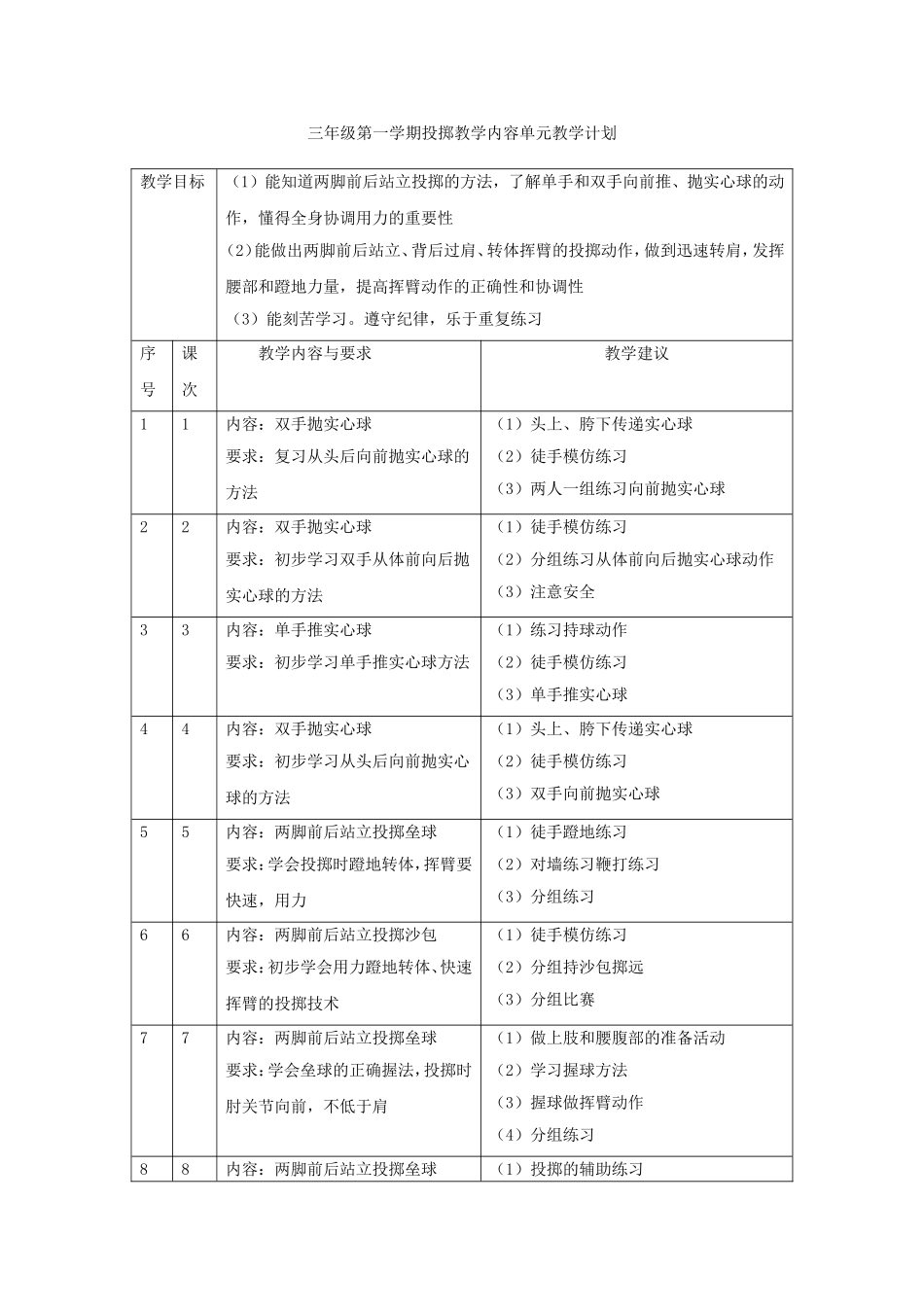 三年级第一学期投掷教学内容单元教学计划_第1页