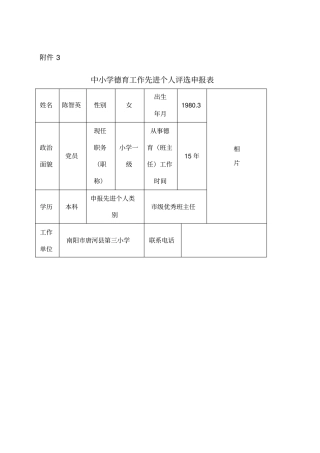 中小学德育工作先进个人评选申报表