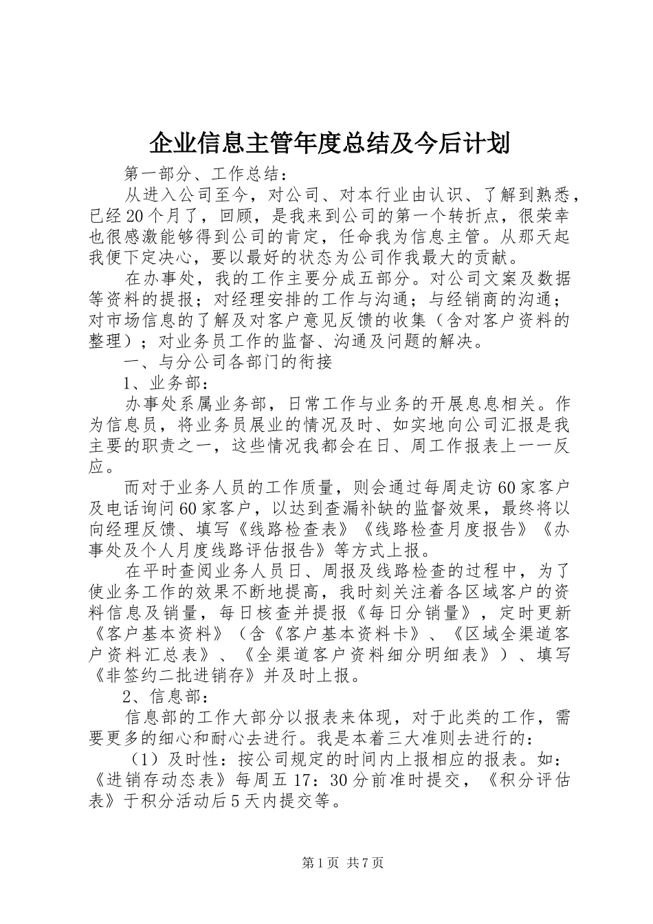 企业信息主管年度总结及今后计划_第1页