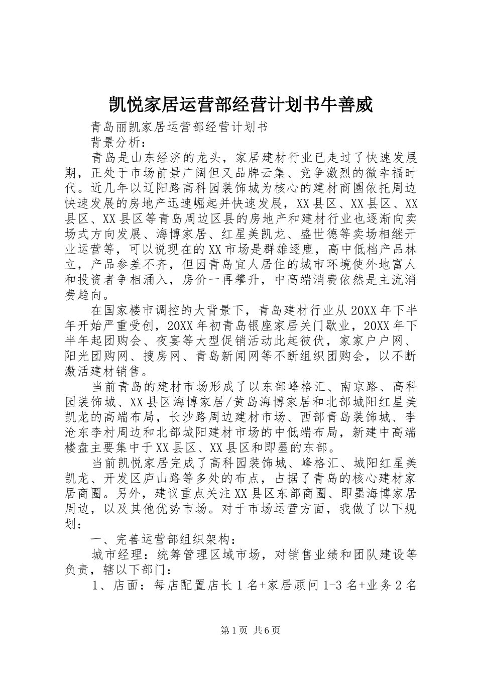 凯悦家居运营部经营计划书牛善威_第1页
