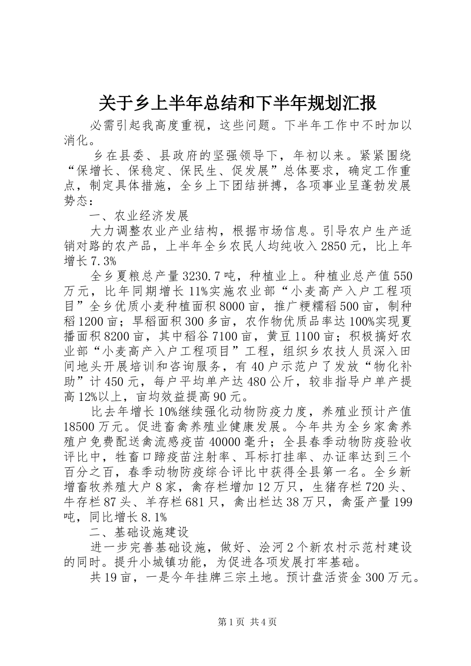 关于乡上半年总结和下半年规划汇报_第1页
