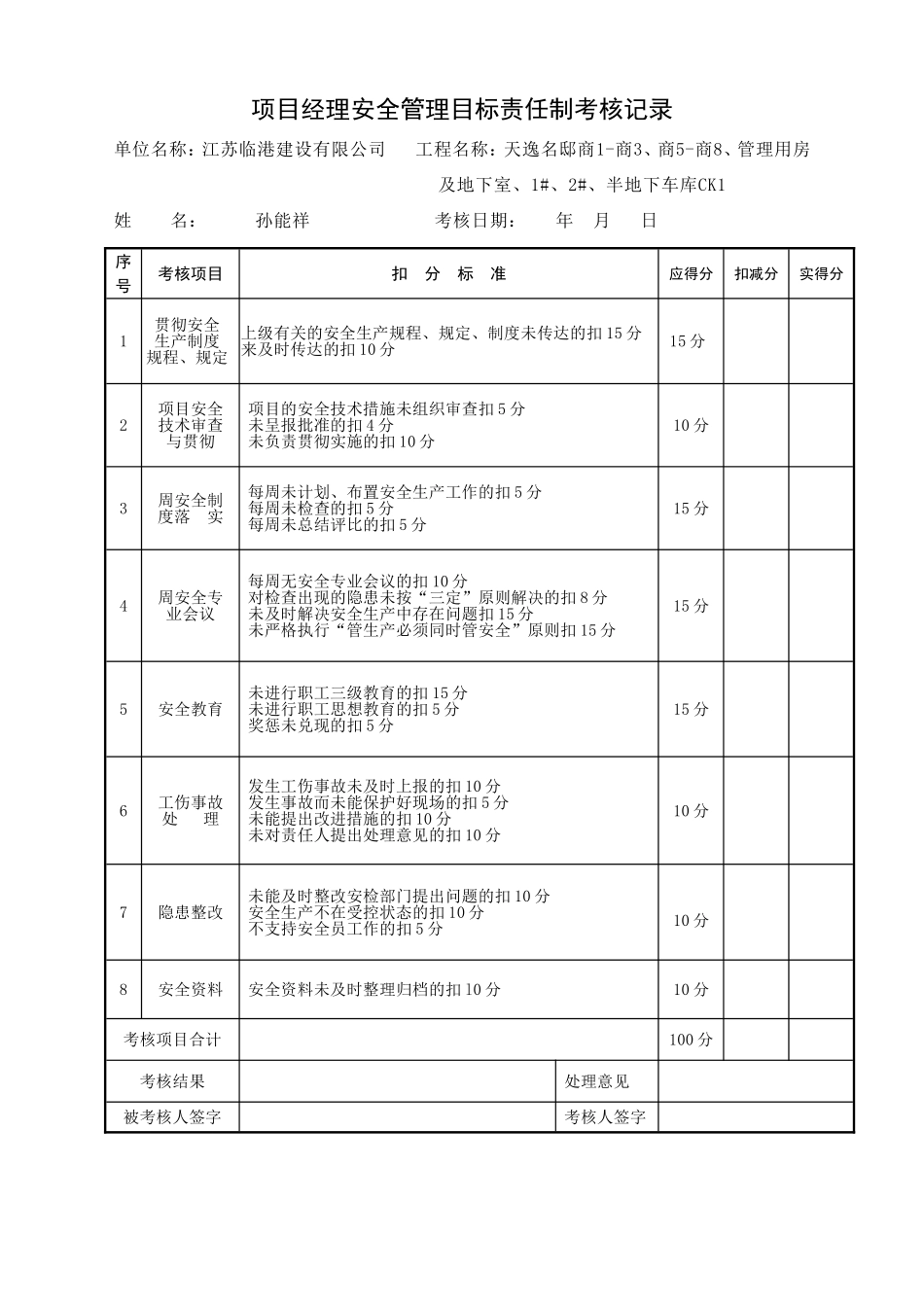 安全管理目标安全责任制考核记录_第1页
