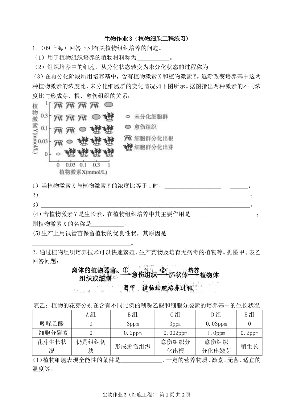 生物作业3（植物细胞工程练习）_第1页