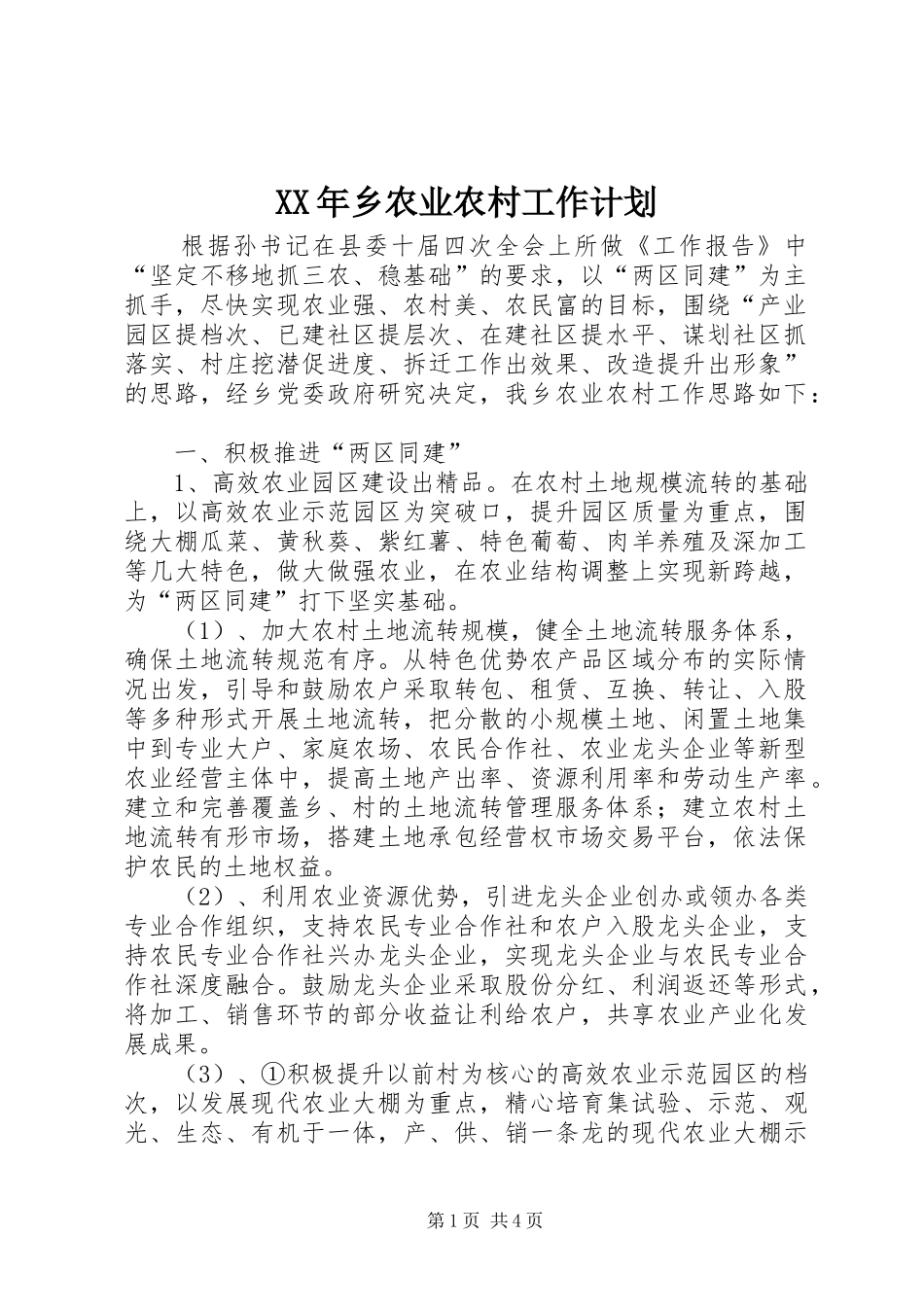 XX年乡农业农村工作计划_第1页