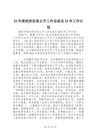 XX年度政府信息公开工作总结及XX年工作计划