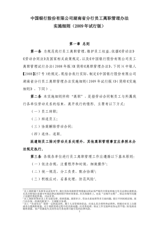 《中国银行股份有限公司湖南省分行员工离职管理办法实施细则(2009年试行版)》
