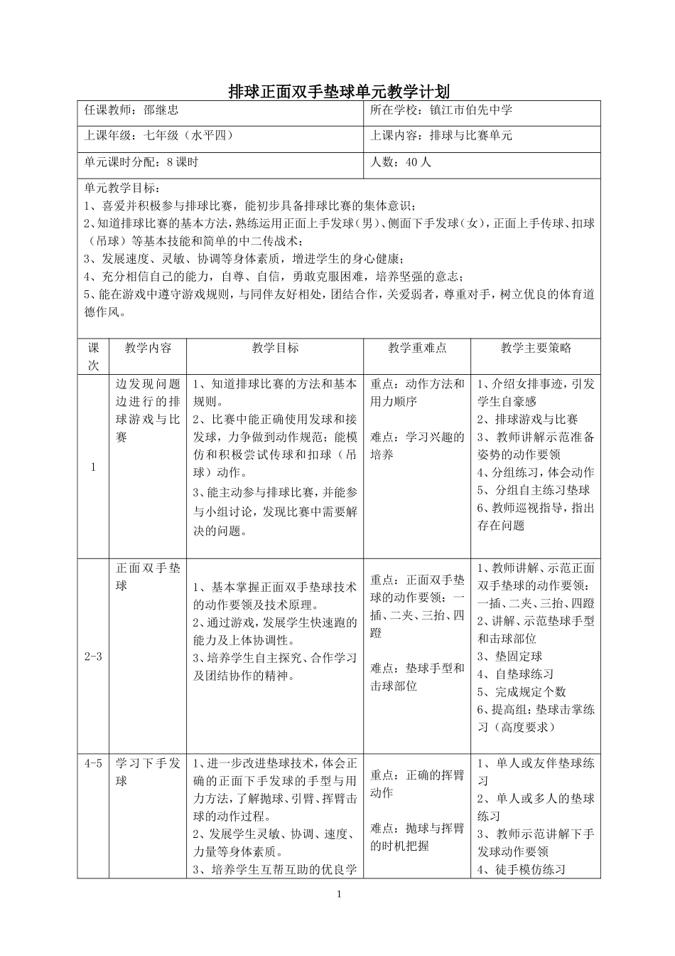 排球正面双手垫球教学设计 (2)_第1页