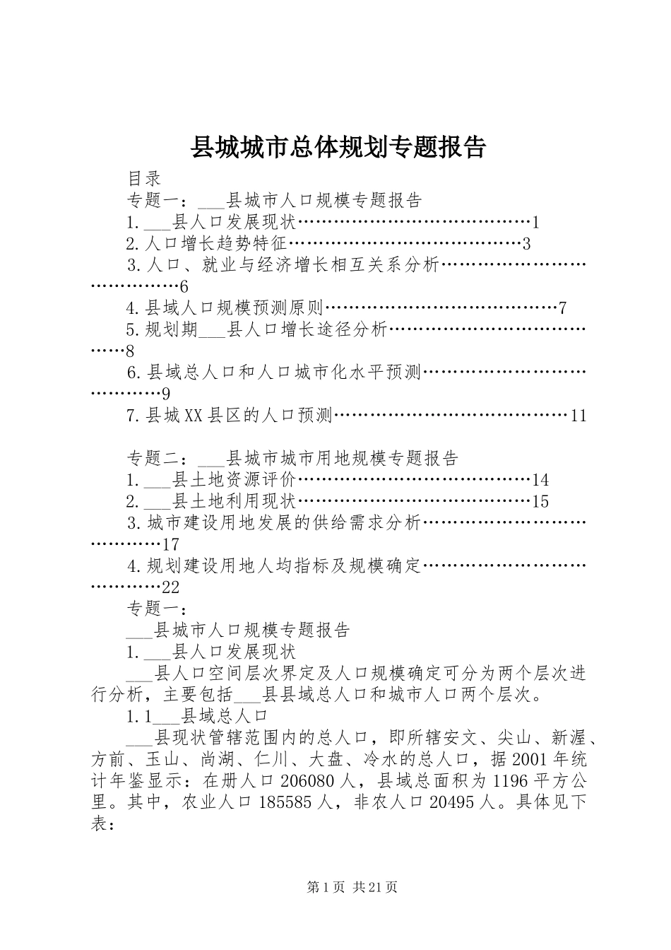 县城城市总体规划专题报告_第1页