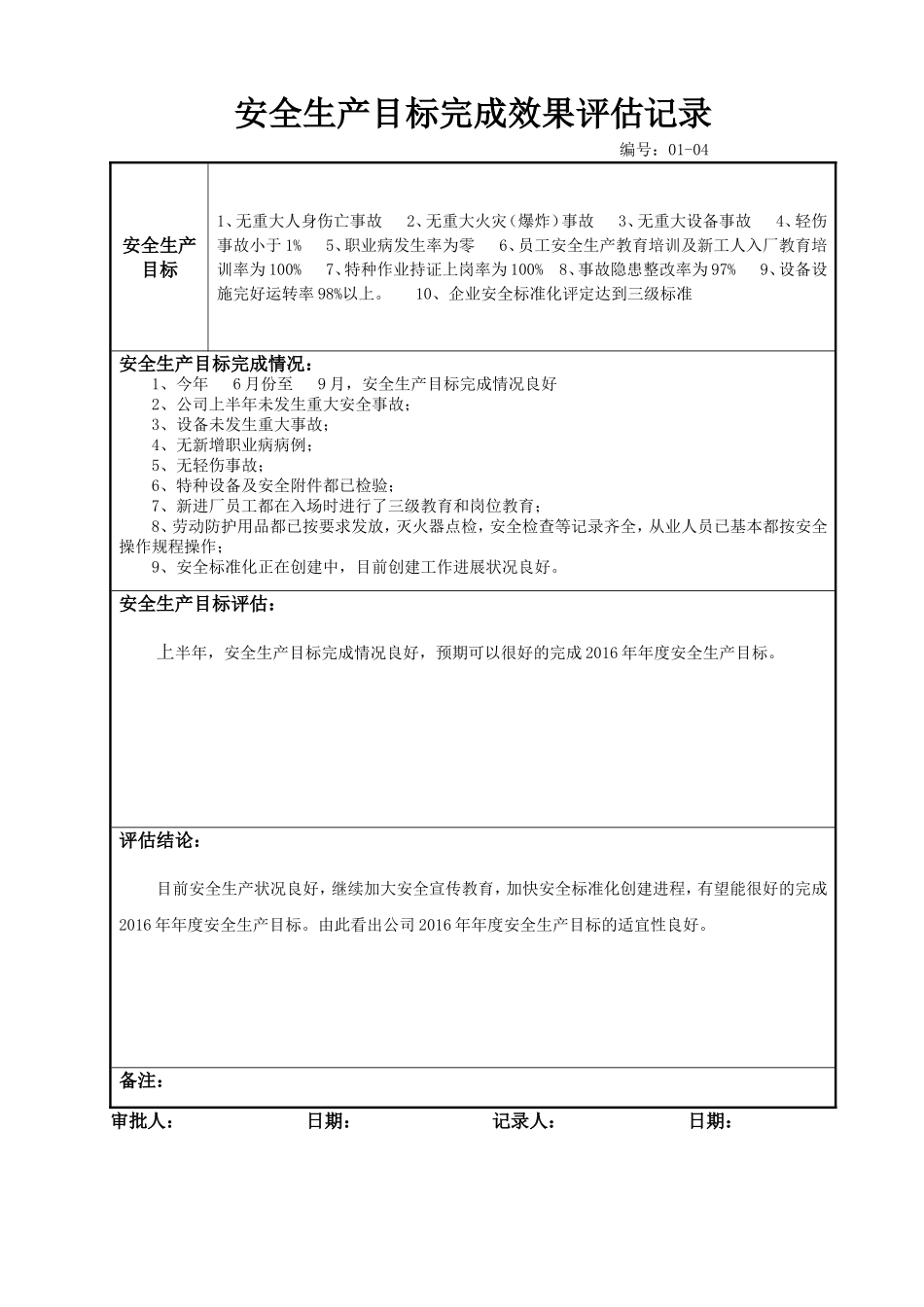 10安全生产目标完成效果评估记录(每年一次)_第1页