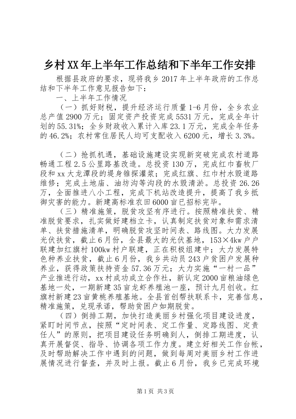 乡村XX年上半年工作总结和下半年工作安排_第1页