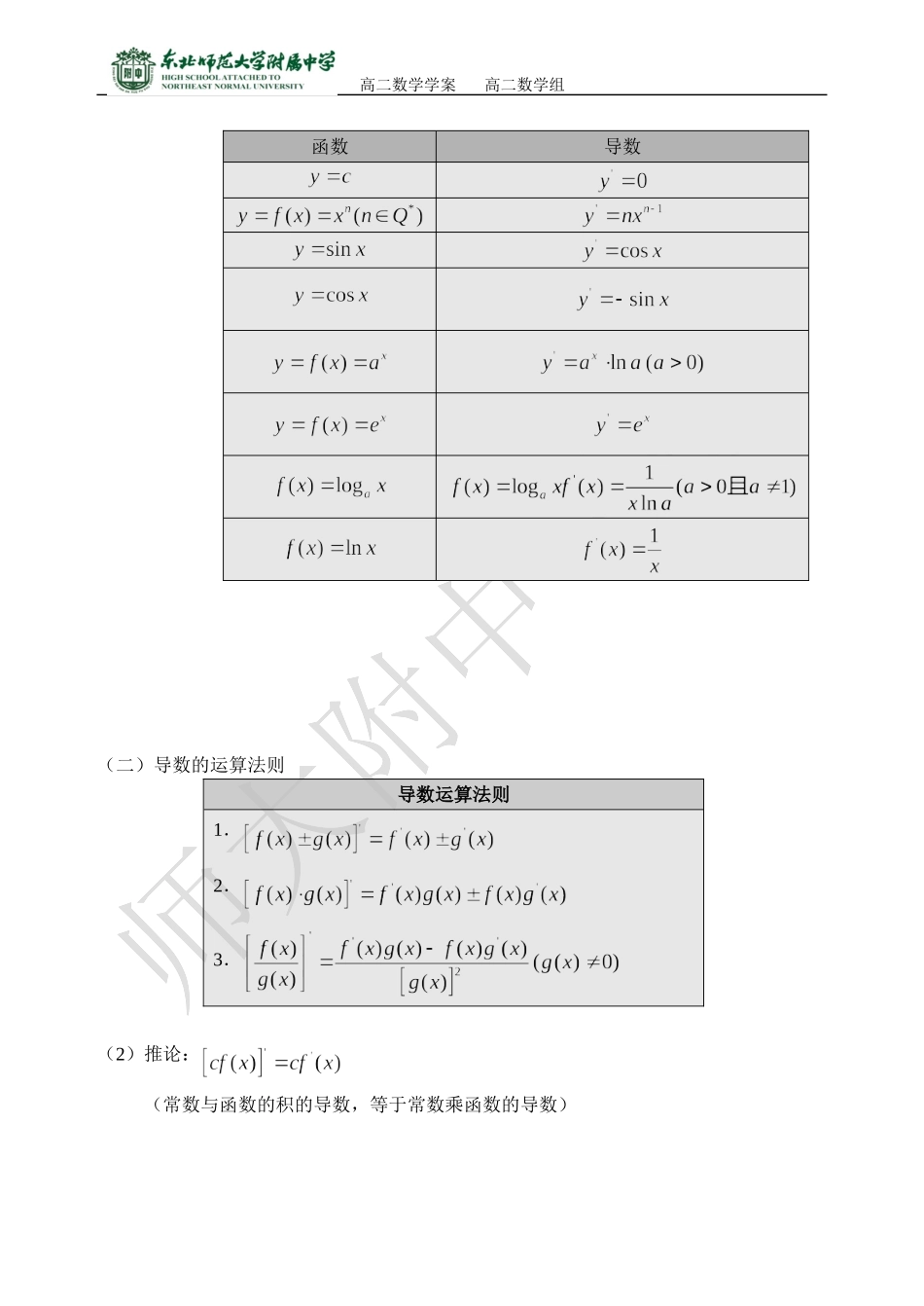 基本初等函数的导数公式及导数的运算法则高二理科上学期学案_第2页