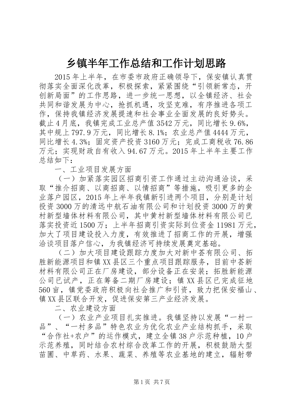 乡镇半年工作总结和工作计划思路_第1页