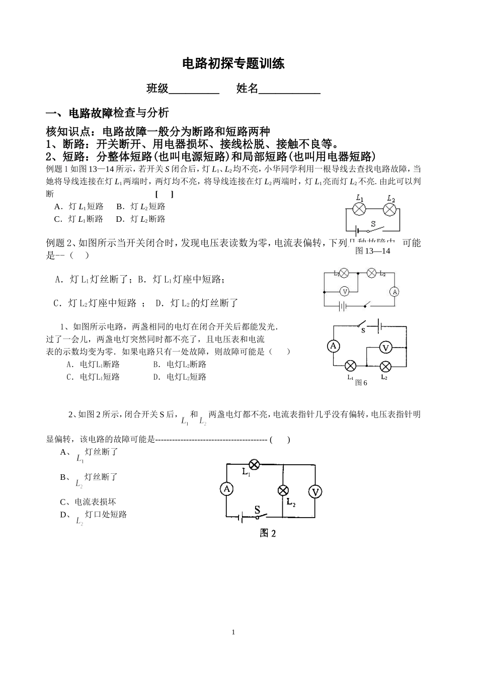 电路初探专题训练_第1页