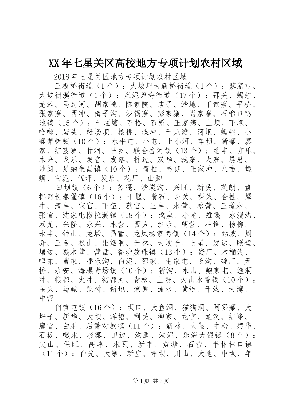 XX年七星关区高校地方专项计划农村区域_第1页