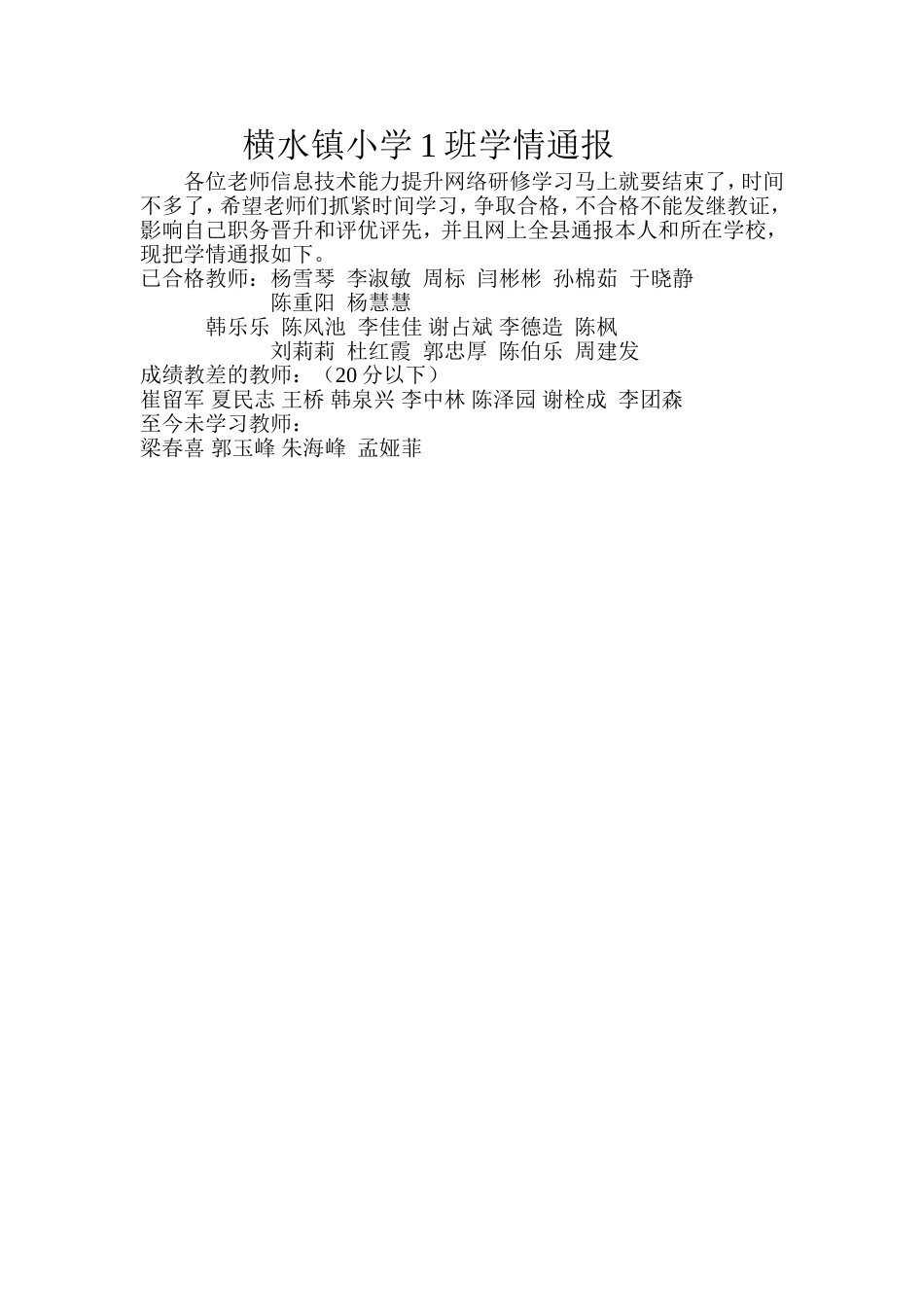 横水镇小学1班学情通报_第1页