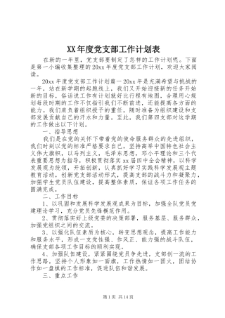 XX年度党支部工作计划表