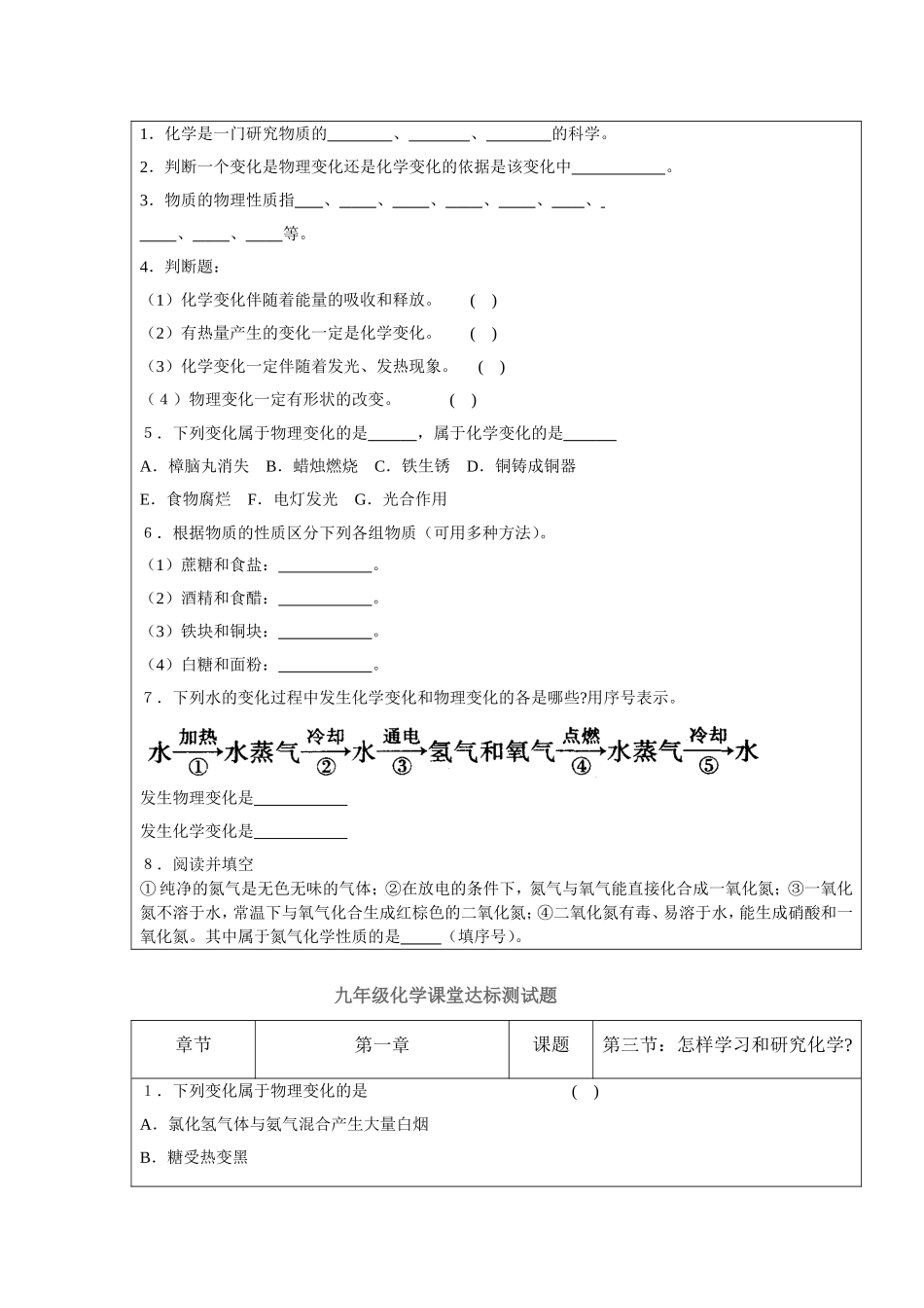 九年级化学课堂达标测试题第一章_第2页