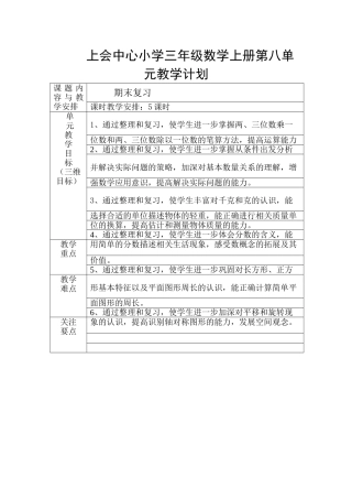 苏教版2014年三年级数学上册第八单元教学计划
