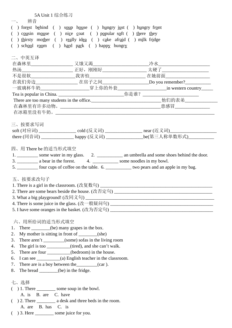 新5AU1综合练习_第1页