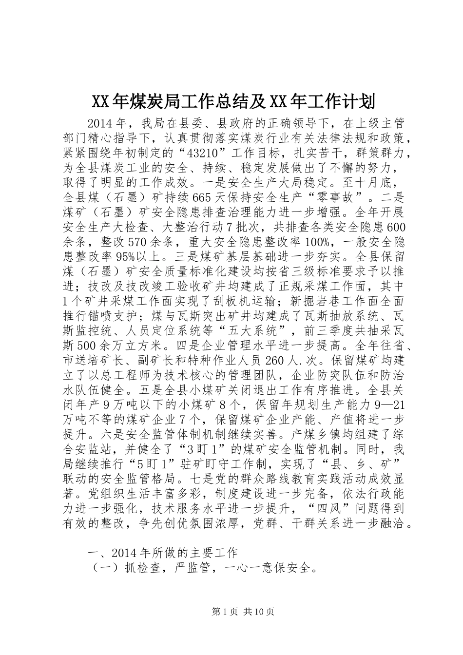 XX年煤炭局工作总结及XX年工作计划_第1页