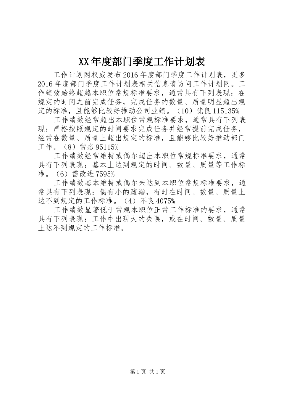 XX年度部门季度工作计划表_第1页