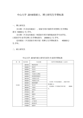 中山大学2018级硕士博士研究生学费标准