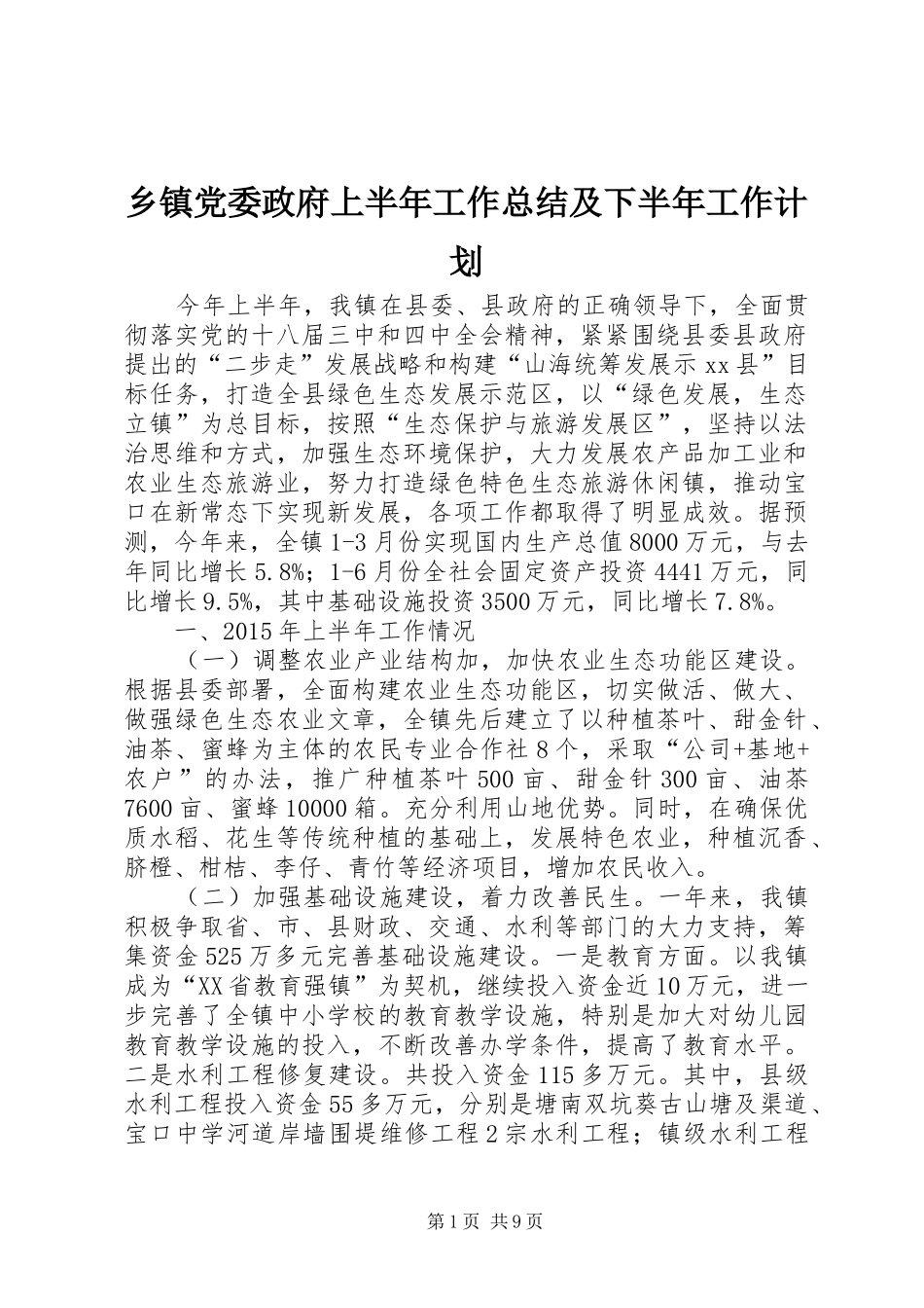 乡镇党委政府上半年工作总结及下半年工作计划_第1页