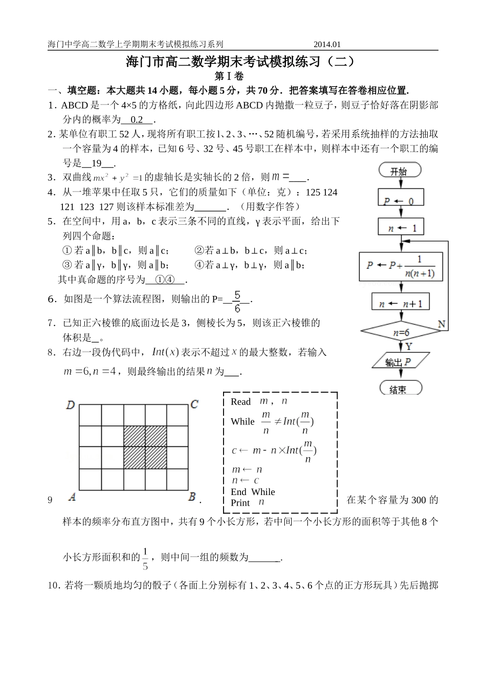 海门市高二数学期末考试模拟练习（二）_第1页