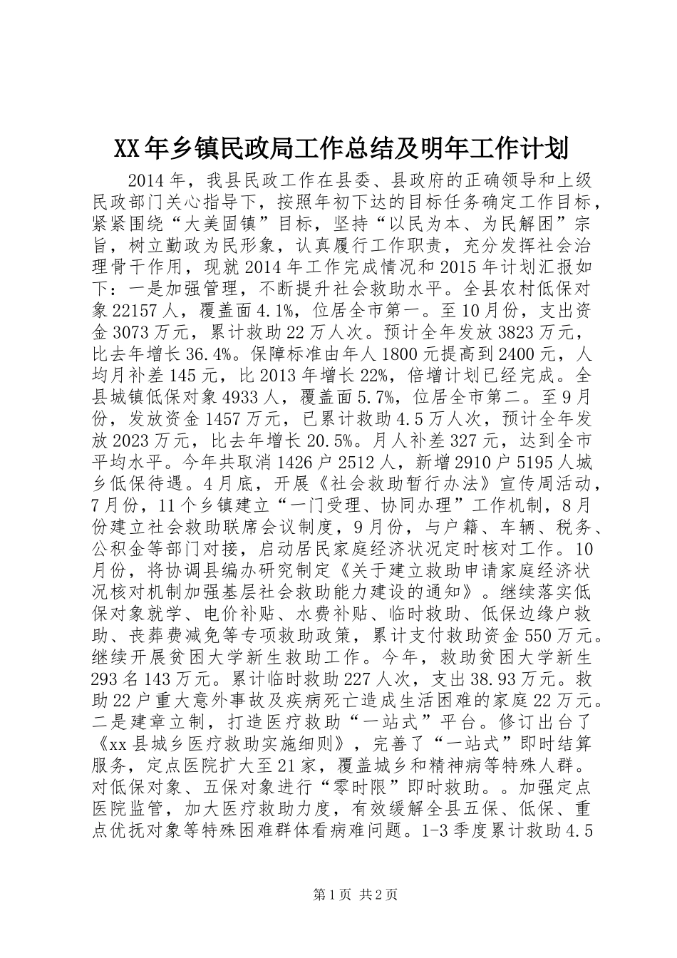 XX年乡镇民政局工作总结及明年工作计划_第1页