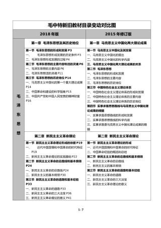 2018年版毛中特新旧教材目录变动对比图